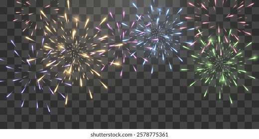 Festive fireworks with brightly shining sparks. Holiday fireworks. Realistic sparks and explosions. Colorful pyrotechnics show. Vector isolated on png background