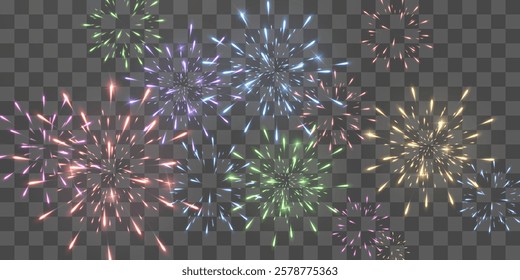 Festive fireworks with brightly shining sparks. Holiday fireworks. Realistic sparks and explosions. Colorful pyrotechnics show. Vector isolated on png background