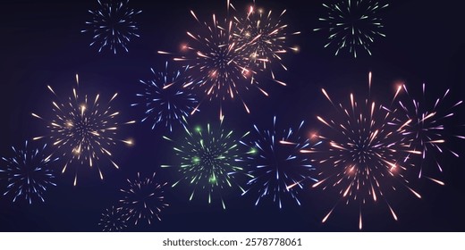 Festive fireworks with brightly shining sparks. Holiday fireworks. Realistic sparks and explosions. Colorful pyrotechnics show in night sky. Vector illustration