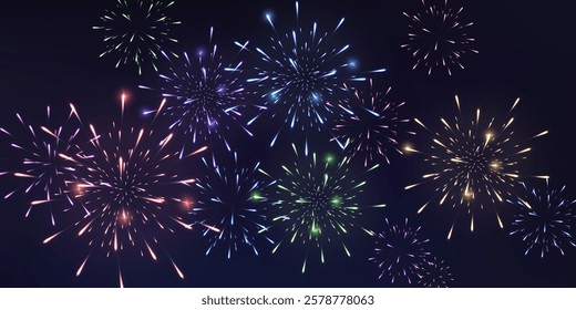 Festive fireworks with brightly shining sparks. Holiday fireworks. Realistic sparks and explosions. Colorful pyrotechnics show in night sky. Vector illustration