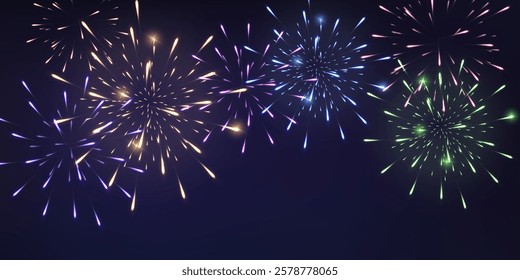 Festive fireworks with brightly shining sparks. Holiday fireworks. Realistic sparks and explosions. Colorful pyrotechnics show in night sky. Vector illustration