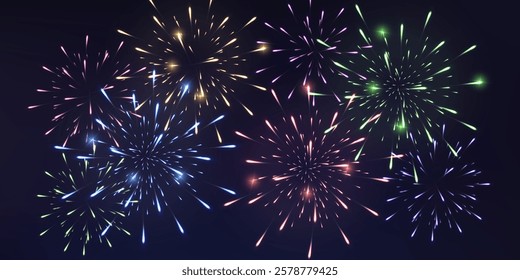 Festive fireworks with brightly shining sparks. Holiday fireworks. Realistic sparks and explosions. Colorful pyrotechnics show in night sky. Vector illustration