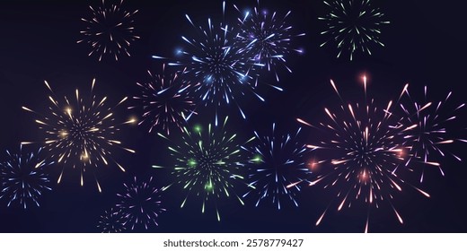 Festive fireworks with brightly shining sparks. Holiday fireworks. Realistic sparks and explosions. Colorful pyrotechnics show in night sky. Vector illustration