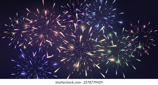 Festive fireworks with brightly shining sparks. Holiday fireworks. Realistic sparks and explosions. Colorful pyrotechnics show in night sky. Vector illustration