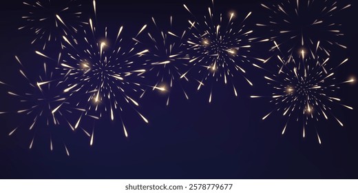 Festive fireworks with brightly shining sparks. Holiday fireworks. Realistic sparks and explosions. Gold pyrotechnics show in night sky. Vector illustration