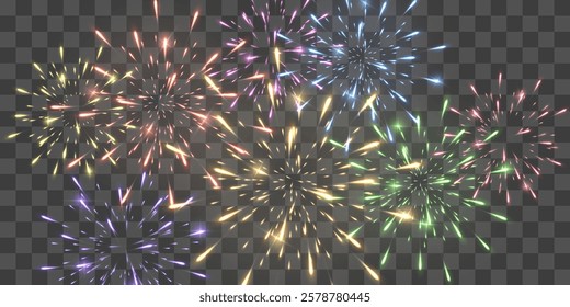 Festive fireworks with brightly shining sparks. Holiday fireworks. Realistic sparks and explosions. Colorful pyrotechnics show. Vector isolated on png background