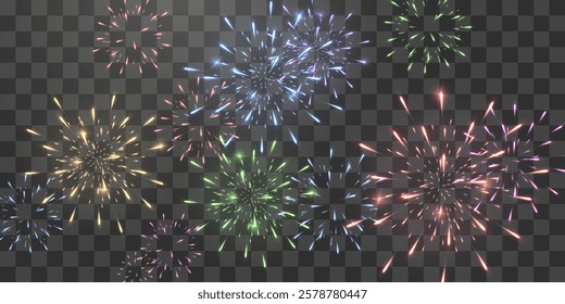 Festive fireworks with brightly shining sparks. Holiday fireworks. Realistic sparks and explosions. Colorful pyrotechnics show. Vector isolated on png background