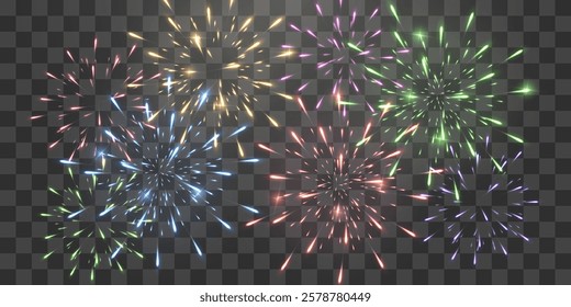 Festive fireworks with brightly shining sparks. Holiday fireworks. Realistic sparks and explosions. Colorful pyrotechnics show. Vector isolated on png background