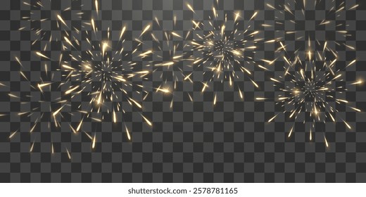 Festive fireworks with brightly shining sparks. Holiday fireworks. Realistic sparks and explosions. Golden pyrotechnics show in night sky. Vector isolated on png background