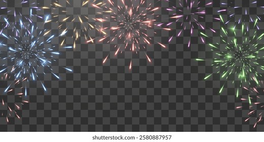 Festive fireworks with brightly shining sparks. Holiday fireworks. Realistic sparks and explosions. Colorful pyrotechnics show. Vector isolated on png background