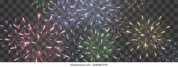 Festive fireworks with brightly shining sparks. Holiday fireworks. Realistic sparks and explosions. Colorful pyrotechnics show. Vector isolated on png background