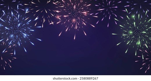 Festive fireworks with brightly shining sparks. Holiday fireworks. Realistic sparks and explosions. Colorful pyrotechnics show in night sky. Vector illustration