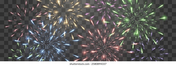 Festive fireworks with brightly shining sparks. Holiday fireworks. Realistic sparks and explosions. Colorful pyrotechnics show. Vector isolated on png background