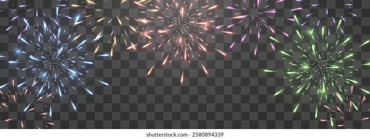 Festive fireworks with brightly shining sparks. Holiday fireworks. Realistic sparks and explosions. Colorful pyrotechnics show. Vector isolated on png background