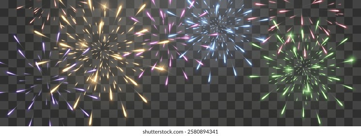 Festive fireworks with brightly shining sparks. Holiday fireworks. Realistic sparks and explosions. Colorful pyrotechnics show. Vector isolated on png background