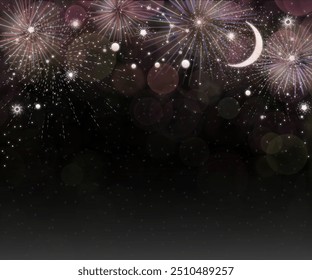 Fuegos artificiales festivos que estallan en el cielo nocturno con una luna creciente y estrellas, creando una atmósfera mágica perfecta para el Año Nuevo, el Día de la Independencia o cualquier evento de celebración.