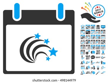 Festive Fireworks Calendar Day icon with bonus calendar and time management images. Vector illustration style is flat iconic symbols, blue and gray colors, white background.