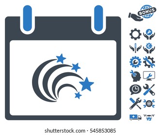 Festive Fireworks Calendar Day icon with bonus tools icon set. Vector illustration style is flat iconic symbols, smooth blue, white background.