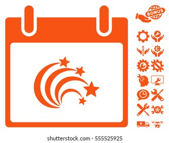 Festive Fireworks Calendar Day icon with bonus settings pictures. Vector illustration style is flat iconic symbols, orange, white background.