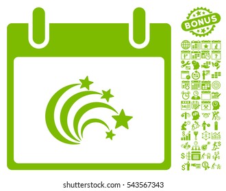 Festive Fireworks Calendar Day pictograph with bonus calendar and time management images. Vector illustration style is flat iconic symbols, eco green, white background.