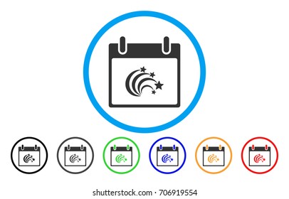 Festive Fireworks Calendar Day vector rounded icon. Image style is a flat gray icon symbol inside a blue circle. Additional color versions are gray, black, blue, green, red, orange.