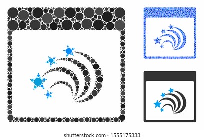 Festive fireworks calendar page composition of filled circles in various sizes and color tints, based on festive fireworks calendar page icon. Vector small circles are combined into blue collage.