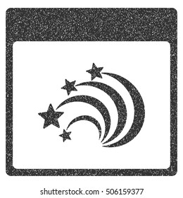 Festive Fireworks Calendar Page grainy textured icon for overlay watermark stamps. Flat symbol with dirty texture. Dotted vector gray ink rubber seal stamp with grunge design on a white background.
