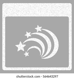 Festive Fireworks Calendar Page grainy textured icon for overlay watermark stamps. Flat symbol with scratched texture.