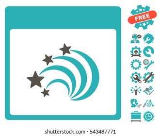 Festive Fireworks Calendar Page icon with bonus options graphic icons. Vector illustration style is flat iconic symbols, grey and cyan, white background.