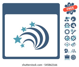 Festive Fireworks Calendar Page icon with bonus service symbols. Vector illustration style is flat iconic symbols, cyan and blue, white background.