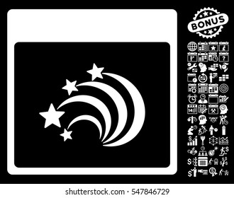 Festive Fireworks Calendar Page icon with bonus calendar and time management pictograph collection. Vector illustration style is flat iconic symbols, white, black background.