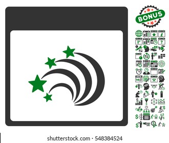 Festive Fireworks Calendar Page icon with bonus calendar and time management pictograph collection. Vector illustration style is flat iconic symbols, green and gray, white background.