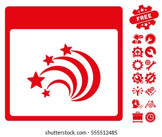 Festive Fireworks Calendar Page icon with bonus settings pictograms. Vector illustration style is flat iconic symbols, red, white background.