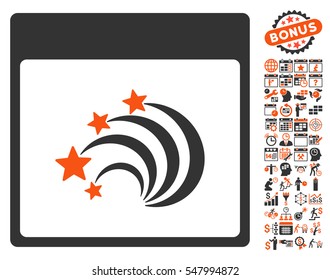 Festive Fireworks Calendar Page pictograph with bonus calendar and time management pictures. Vector illustration style is flat iconic symbols, orange and gray, white background.