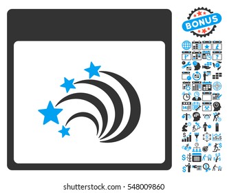 Festive Fireworks Calendar Page pictograph with bonus calendar and time management pictures. Vector illustration style is flat iconic symbols, blue and gray, white background.