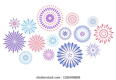 Festive fireworks. Celebration party firework, festival firecracker and, holiday feast celebrated colorful sky fire explosion stars, birthday or Xmas celebrating isolated vector background