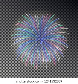 Festive fireworks. Christmas firecracker light effect isolated on dark background. Firework decoration for New Year, Party, Birthday. Diwali fire cracker salute. Vector illustration.