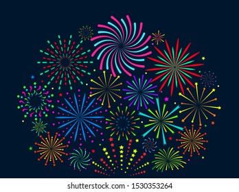 Festive fireworks. Festive christmas salute, new year pyrotechnic explosions with sparks. Xmas firecrackers vector celebration sparkling design background