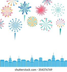 Festive fireworks in the city, vector background