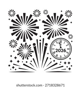 Festive fireworks and a clock showing the year 2026 celebration