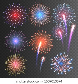 Festive fireworks collection. Realistic colorful firework on transparent background. Multicolored explosion. Christmas or New Year greeting card element. Vector illustration.