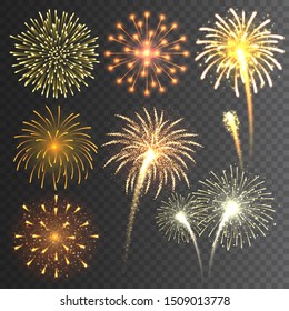 Festive fireworks collection. Realistic colorful firework on transparent background. Multicolored explosion. Christmas or New Year greeting card element. Vector illustration.