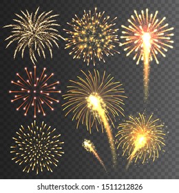 Festive fireworks collection. Realistic colorful firework on transparent background. Multicolored explosion. Christmas or New Year greeting card element. Vector illustration.