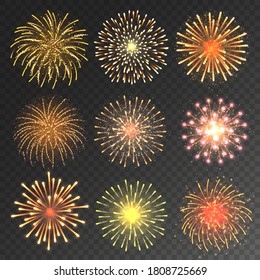 Festive fireworks collection. Realistic colorful firework on transparent background. Christmas or New Year greeting card element. Vector illustration.