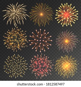 Festive fireworks collection. Realistic colorful firework on transparent background. Christmas or New Year greeting card element. Vector illustration.