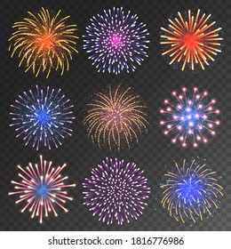 Festive fireworks collection. Realistic colorful firework on transparent background. Christmas or New Year greeting card element. Vector illustration.