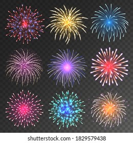 Festive fireworks collection. Realistic colorful firework on transparent background. Christmas or New Year greeting card element. Vector illustration.