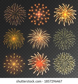 Festive fireworks collection. Realistic colorful firework on transparent background. Christmas or New Year greeting card element. Vector illustration.