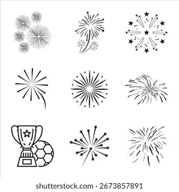 Festive Fireworks Collection Vector Illustration Set Featuring Trophy And Soccer Ball Elements