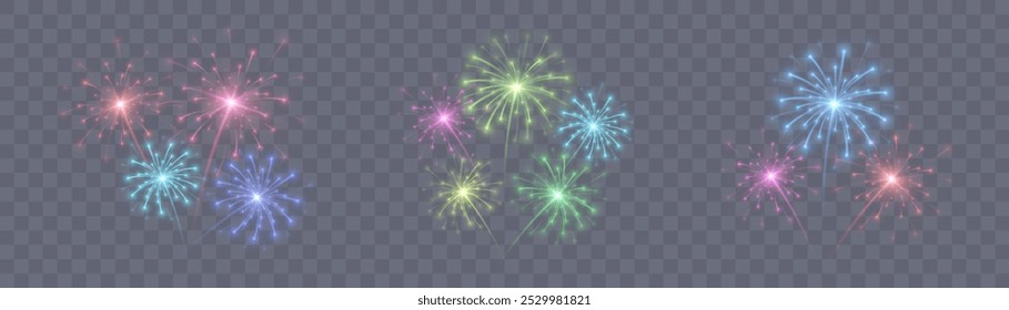 Festive Fireworks. Colorful explosion of multicolored bright fireworks lights on transparent background for design and illustrations. Vector